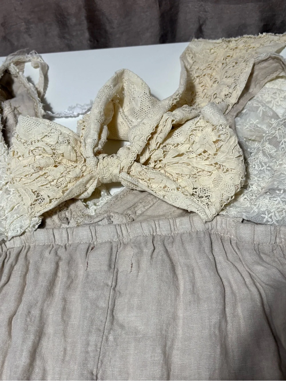 Vtg  Lace Italian Linen V-Neck Upcycled Dress Handmade Sz Med Slight Low Hem - Picture 12 of 14